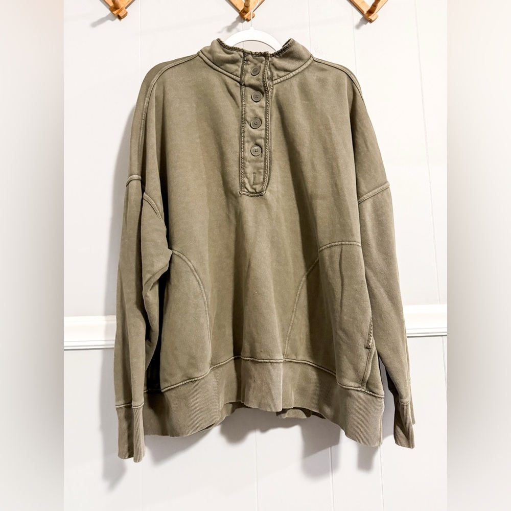 Aerie Quarter Button Pullover Olive Green - Picture 5 of 6